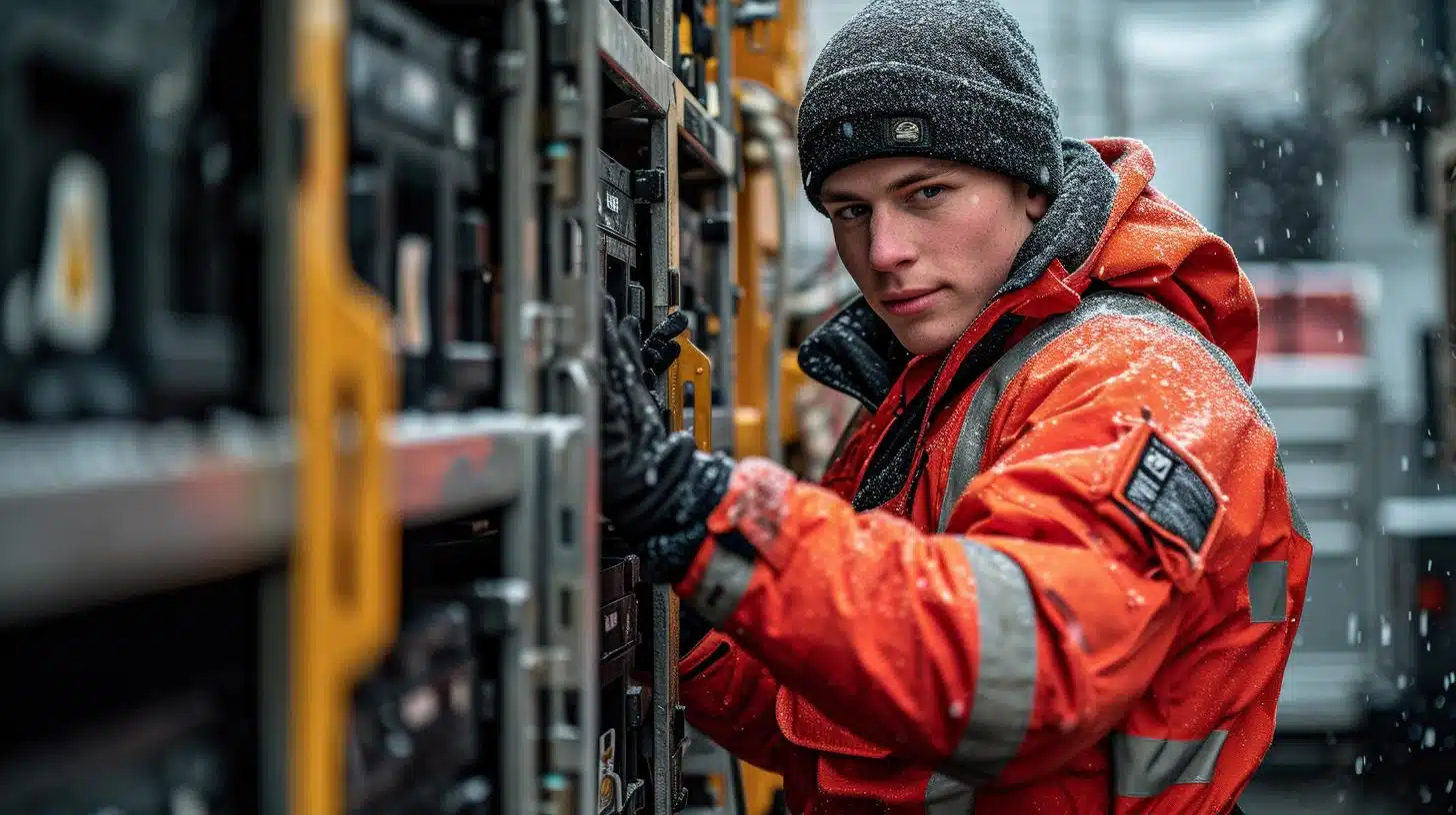 Mechanic working with various advanced LAV truck parts